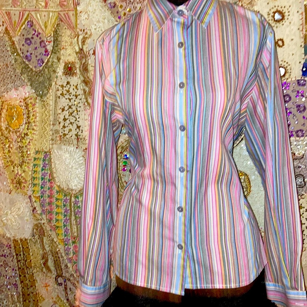 100% Cotton Shaped Fit Wrinkle Free Multi Colored Pinstripe Blouse